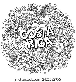 Vektorlustige doodle Illustration mit Costa Rica Thema. Lebhaftes und auffälliges Design, das die Essenz der zentralamerikanischen Kultur und Traditionen durch spielerische Zeichentricksymbolen erfasst