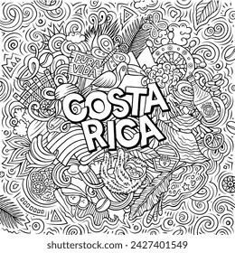 Vector funny doodle illustration with Costa Rica theme. Vibrant and eye-catching design, capturing the essence of Central America culture and traditions through playful cartoon symbols