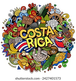 Vektor lustige Doodle Illustration mit Costa Rica Thema. Lebhaftes und auffälliges Design, das die Essenz der zentralamerikanischen Kultur und Traditionen durch spielerische Zeichentricksymbole einfängt