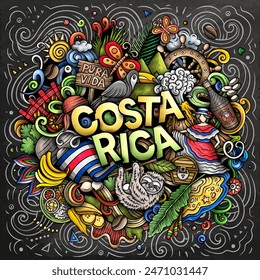 Vector funny doodle illustration with Costa Rica theme. Vibrant and eye-catching design, capturing the essence of Central America culture and traditions through playful cartoon symbols