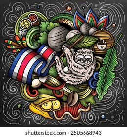 Vektor lustige Doodle Illustration mit Costa Rica Thema. Lebhaftes und auffälliges Design, das die Essenz der zentralamerikanischen Kultur und Traditionen mit verspielten Zeichentricksymbolen einfängt