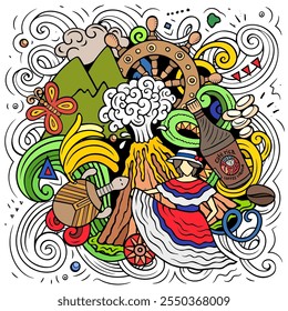 Vektor lustige Doodle Illustration mit Costa Rica Thema. Farbiges Design, das die Essenz der zentralamerikanischen Kultur und Traditionen durch verspielte Zeichentricksymbole einfängt