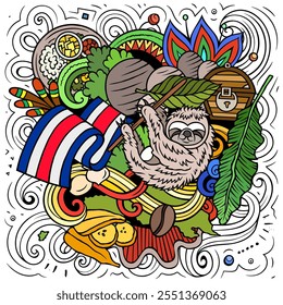 Vektor lustige Doodle Illustration mit Costa Rica Thema. Farbiges Design, das die Essenz der zentralamerikanischen Kultur und Traditionen durch verspielte Zeichentricksymbole einfängt