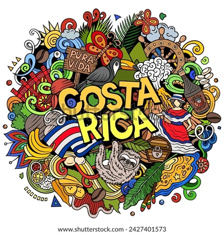 Vector funny doodle illustration with Costa Rica theme. Vibrant and eye-catching design, capturing the essence of Central America culture and traditions through playful cartoon symbols