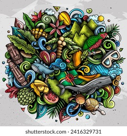 Vector funny doodle illustration with Dominica theme. Vibrant and eye-catching design, capturing the essence of North America culture and traditions through playful cartoon symbols
