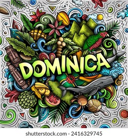 Vector funny doodle illustration with Dominica theme. Vibrant and eye-catching design, capturing the essence of North America culture and traditions through playful cartoon symbols