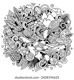 Vector funny doodle illustration with Dominica theme. Vibrant and eye-catching design, capturing the essence of North America culture and traditions through playful cartoon symbols