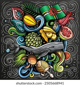 Vector funny doodle illustration with Dominica theme. Vibrant and eye-catching design, capturing the essence of North America culture and traditions through playful cartoon symbols