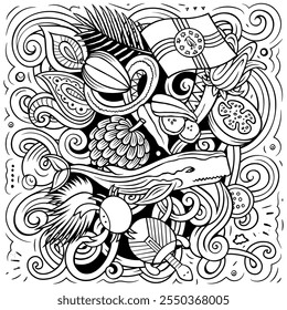 Vector funny doodle illustration with Dominica theme. Sketchy design, capturing the essence of North America culture and traditions through playful cartoon symbols