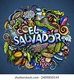 Vector funny doodle illustration with El Salvador theme. Vibrant and eye-catching design, capturing the essence of Central America culture and traditions through playful cartoon symbols