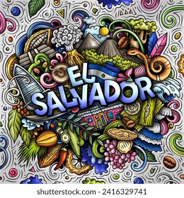 Vector funny doodle illustration with El Salvador theme. Vibrant and eye-catching design, capturing the essence of Central America culture and traditions through playful cartoon symbols