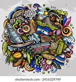 Vector funny doodle illustration with El Salvador theme. Vibrant and eye-catching design, capturing the essence of Central America culture and traditions through playful cartoon symbols