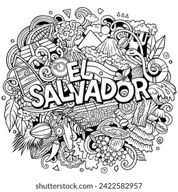 Ilustración de doodle vectorial graciosa con tema de El Salvador. Diseño vibrante y llamativo, capturando la esencia de la cultura y tradiciones de Centroamérica a través de símbolos de dibujos animados juguetones