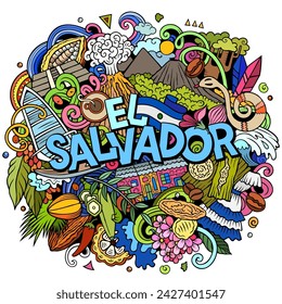 Vector funny doodle illustration with El Salvador theme. Vibrant and eye-catching design, capturing the essence of Central America culture and traditions through playful cartoon symbols