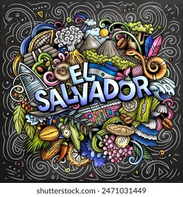 Vector funny doodle illustration with El Salvador theme. Vibrant and eye-catching design, capturing the essence of Central America culture and traditions through playful cartoon symbols