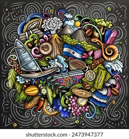 Vector funny doodle illustration with El Salvador theme. Vibrant and eye-catching design, capturing the essence of Central America culture and traditions through playful cartoon symbols