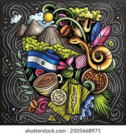 Vector funny doodle illustration with El Salvador theme. Vibrant and eye-catching design, capturing the essence of Central America culture and traditions through playful cartoon symbols