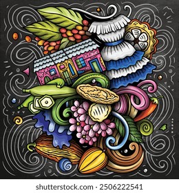 Vector funny doodle illustration with El Salvador theme. Vibrant and eye-catching design, capturing the essence of Central America culture and traditions through playful cartoon symbols