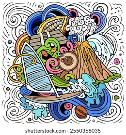 Vector funny doodle illustration with El Salvador theme. Colorful design, capturing the essence of Central America culture and traditions through playful cartoon symbols