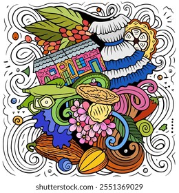 Vector funny doodle illustration with El Salvador theme. Colorful design, capturing the essence of Central America culture and traditions through playful cartoon symbols