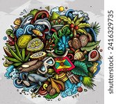Vector funny doodle illustration with Grenada theme. Vibrant and eye-catching design, capturing the essence of North America culture and traditions through playful cartoon symbols