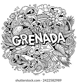 Vector funny doodle illustration with Grenada theme. Vibrant and eye-catching design, capturing the essence of North America culture and traditions through playful cartoon symbols