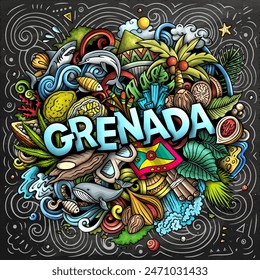 Vector funny doodle illustration with Grenada theme. Vibrant and eye-catching design, capturing the essence of North America culture and traditions through playful cartoon symbols