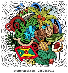 Vetor ilustração doodle engraçado com tema de Granada. Design colorido, capturando a essência da cultura e das tradições da América do Norte através de símbolos de desenhos animados divertidos