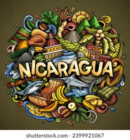 Vector funny doodle illustration with Nicaragua theme. Vibrant and eye-catching design, capturing the essence of Central America culture and traditions through playful cartoon symbols