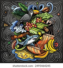 Vector funny doodle illustration with Nicaragua theme. Vibrant and eye-catching design, capturing the essence of Central America culture and traditions through playful cartoon symbols