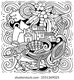 Vector funny doodle illustration with Nicaragua theme. Sketchy design, capturing the essence of Central America culture and traditions through playful cartoon symbols
