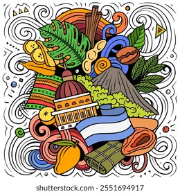 Vector funny doodle illustration with Nicaragua theme. Colorful design, capturing the essence of Central America culture and traditions through playful cartoon symbols