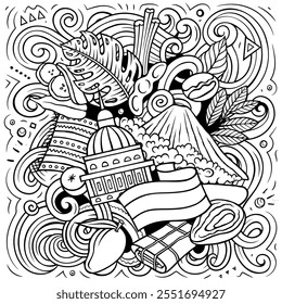 Vector funny doodle illustration with Nicaragua theme. Sketchy design, capturing the essence of Central America culture and traditions through playful cartoon symbols