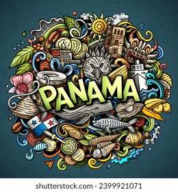 Vector funny doodle illustration with Panama theme. Vibrant and eye-catching design, capturing the essence of Central America culture and traditions through playful cartoon symbols