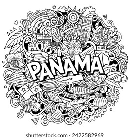 Ilustración de doodle divertida vectorial con tema de Panamá. Diseño vibrante y llamativo, capturando la esencia de la cultura y tradiciones de Centroamérica a través de símbolos de dibujos animados juguetones