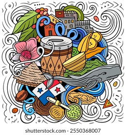 Vector funny doodle illustration with Panama theme. Colorful design, capturing the essence of Central America culture and traditions through playful cartoon symbols