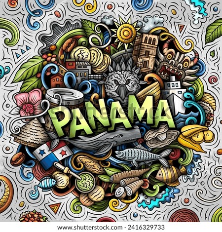 Vector funny doodle illustration with Panama theme. Vibrant and eye-catching design, capturing the essence of Central America culture and traditions through playful cartoon symbols
