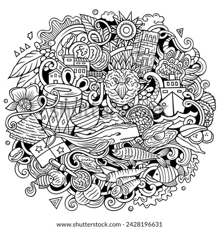 Vector funny doodle illustration with Panama theme. Vibrant and eye-catching design, capturing the essence of Central America culture and traditions through playful cartoon symbols