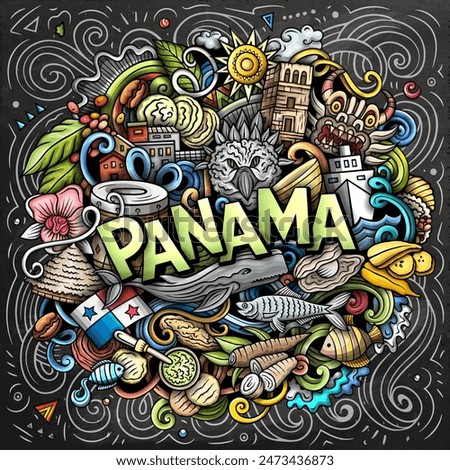 Vector funny doodle illustration with Panama theme. Vibrant and eye-catching design, capturing the essence of Central America culture and traditions through playful cartoon symbols