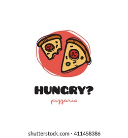 Vector funny doodle style pizza slices logo. Sketchy snack bar and cafe logo