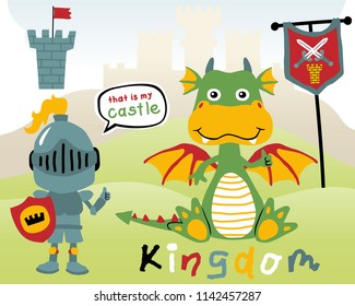 Vector of funny dragon cartoon with little knight holding shield on castle background