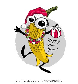 Vector funny dressed banana. Hand drawn illustration of pretty cartoon fruit. Comic and funny banana.