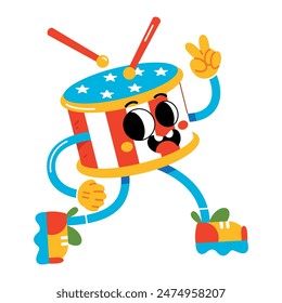 Vector Funny Drum Cartoon Celebrate 4th July Illustration Isolated