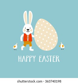 Vector funny Easter background with cute Easter bunny, chicks, egg and text "Happy Easter". Bright childish holiday card with Easter rabbit.