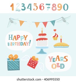 Vector funny elements set for birthday congratulations. Cute numbers and colorful lettering of words Happy Birthday and Years Old in white speech balloon