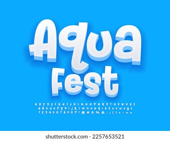 Vector funny Emblem Aqua Fest. Playful White 3D Font. Creative Alphabet Letters and Numbers