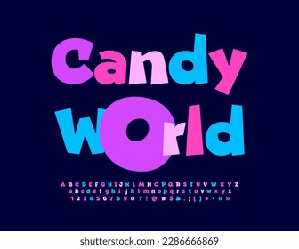 Vector funny emblem Candy World. Bright colorful Font. Artistic Alphabet Letters and Numbers set