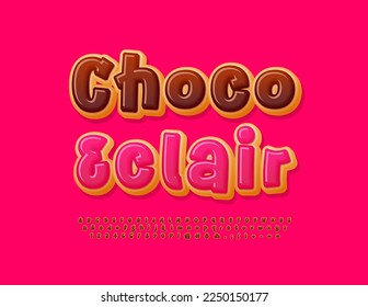 Vector funny Emblem Choco Eclair. Choco icing Font. Flayful style Cake Alphabet Letters and Numbers set
