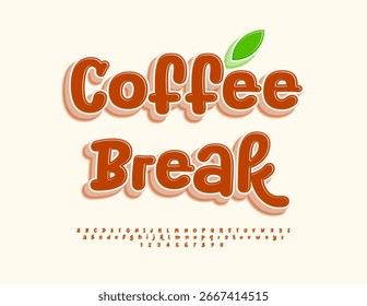 Vector Divertido emblema Coffee Break. Linda fuente 3D juguetona. Conjunto de letras y números de alfabeto escrito a mano divertido.