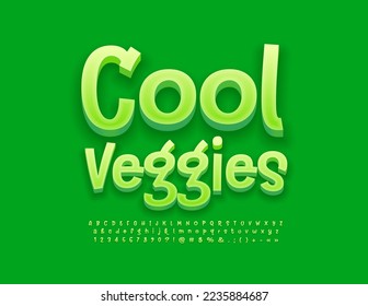 Vector funny emblem Cool Veggies. Green handwritten Font. Childish style Alphabet Letters, Numbers and Symbols set